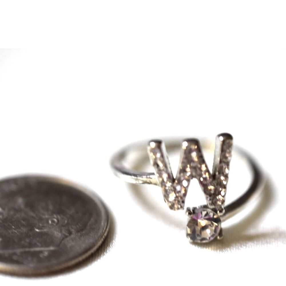 Vivid "W" Rhinestone Accent Silver Tone Metal Cuff Band Size 8 Y2K Glam Ring